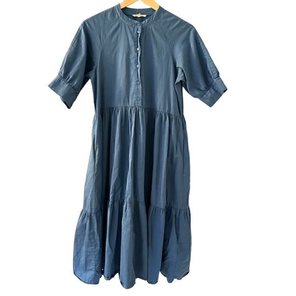 Ali Golden Blue Cotton Button Up Short Sleeve Tiered Ruffled Maxi Dress Size S - Picture 2 of 11